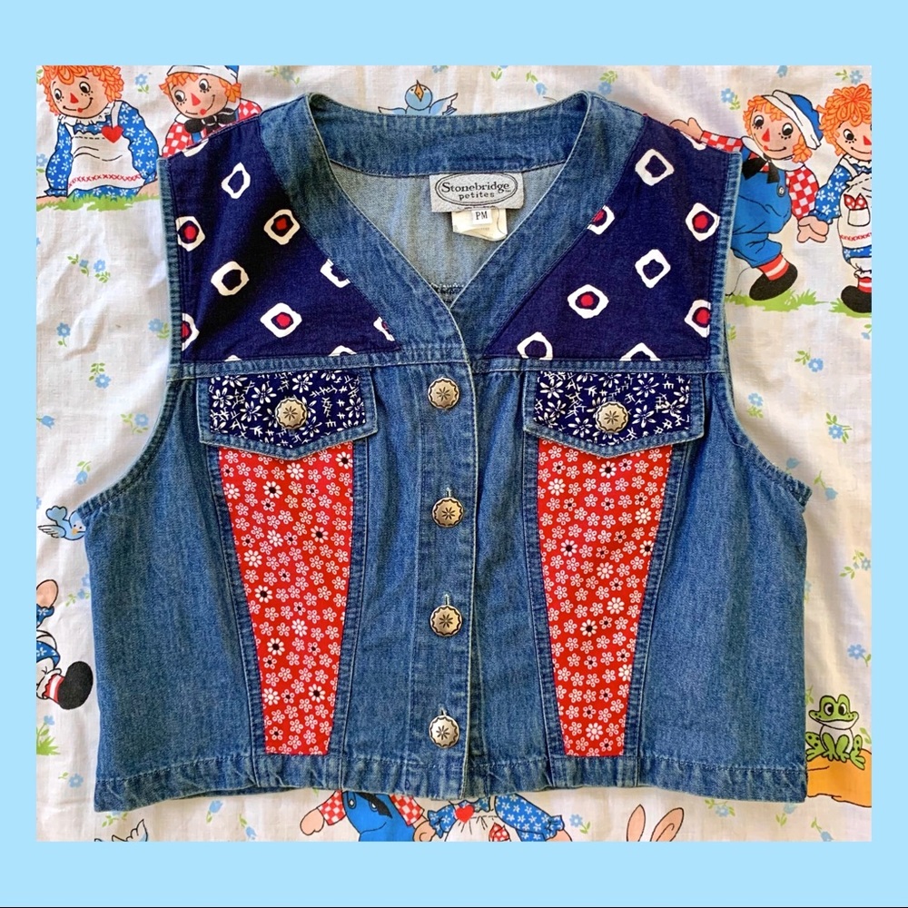 Vintage 1990s does 1970s hippie blue & red cropped patchwork denim vest size M/L